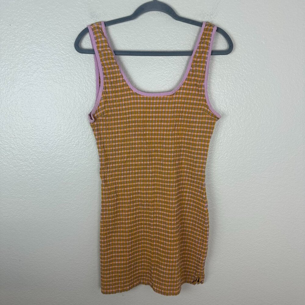 Free People Berry Picking Orange Plaid Mini Dress L Boho Summer Festival Casual